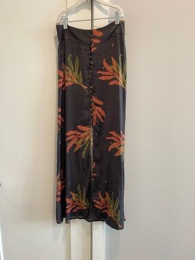 Free People Black Maxi Skirt with Coral and Olive Leaf Print